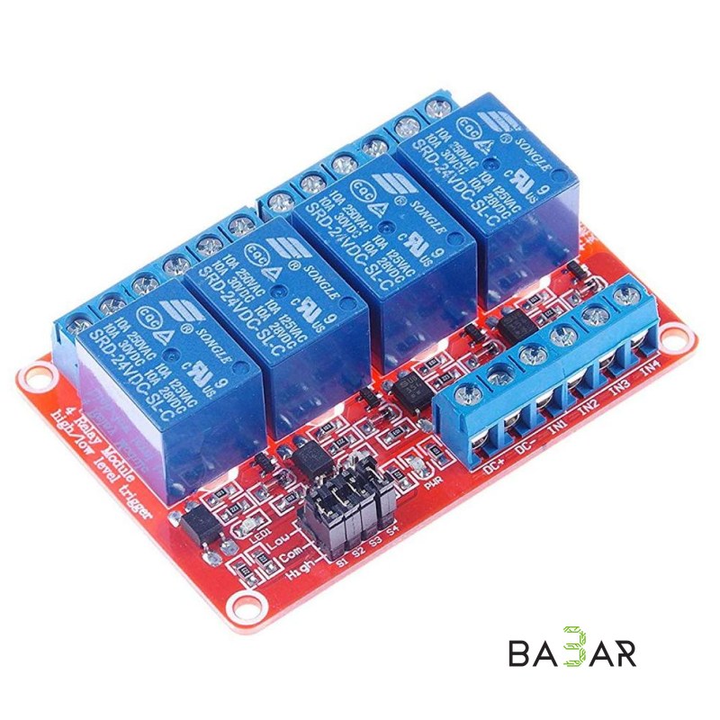 4-канальный релейный модуль 24V 10A с опторазвязкой (переключаемый высокий/низкий уровень High/Low Level Trigger)