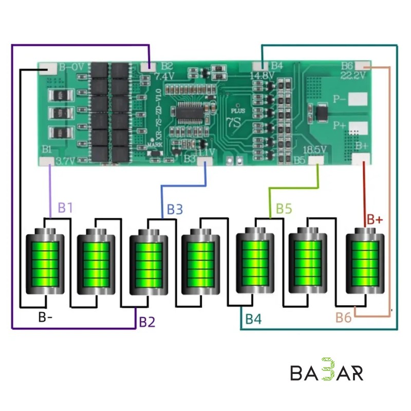 Плата защиты и балансировки BMS 7S 20A для Li-Ion (29.4 В, XR-7S-ZD-Vcx)